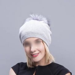 2 Pcs Winter Slouchy Women Cashmere Beanies with Fox Fur