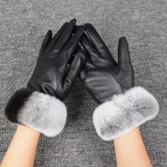 Women Fashionable Sheepskin Mittens Real Leather Gloves With Rabbit Fur